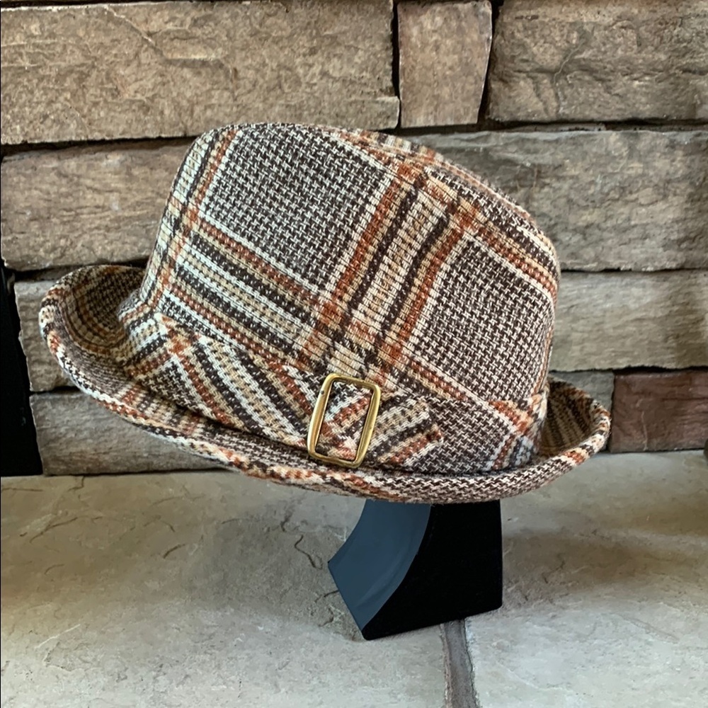 Dobbs brown plaid hat with gold buckle